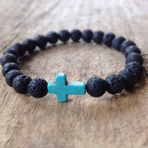 Turquoise Cross Black Lava Stone Beaded Bracelet 10mm Beads - Size 8 Inches - Picture 1 of 3